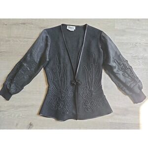Vintage Toula USA Black Embroidered Applique Jeweled Cardigan Knit Jacket Size 8